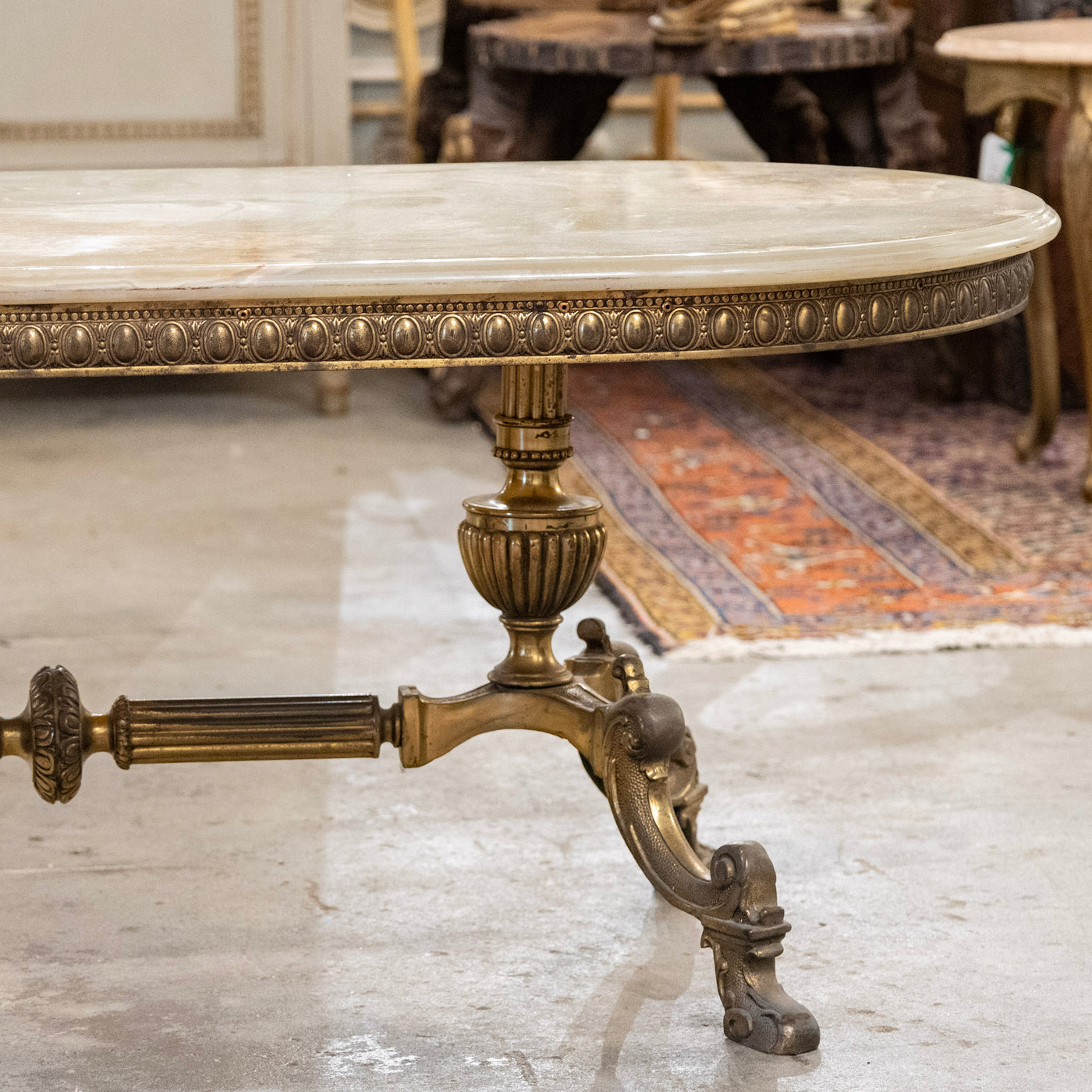 French Brass Oval Coffee Table – Green Onyx Top