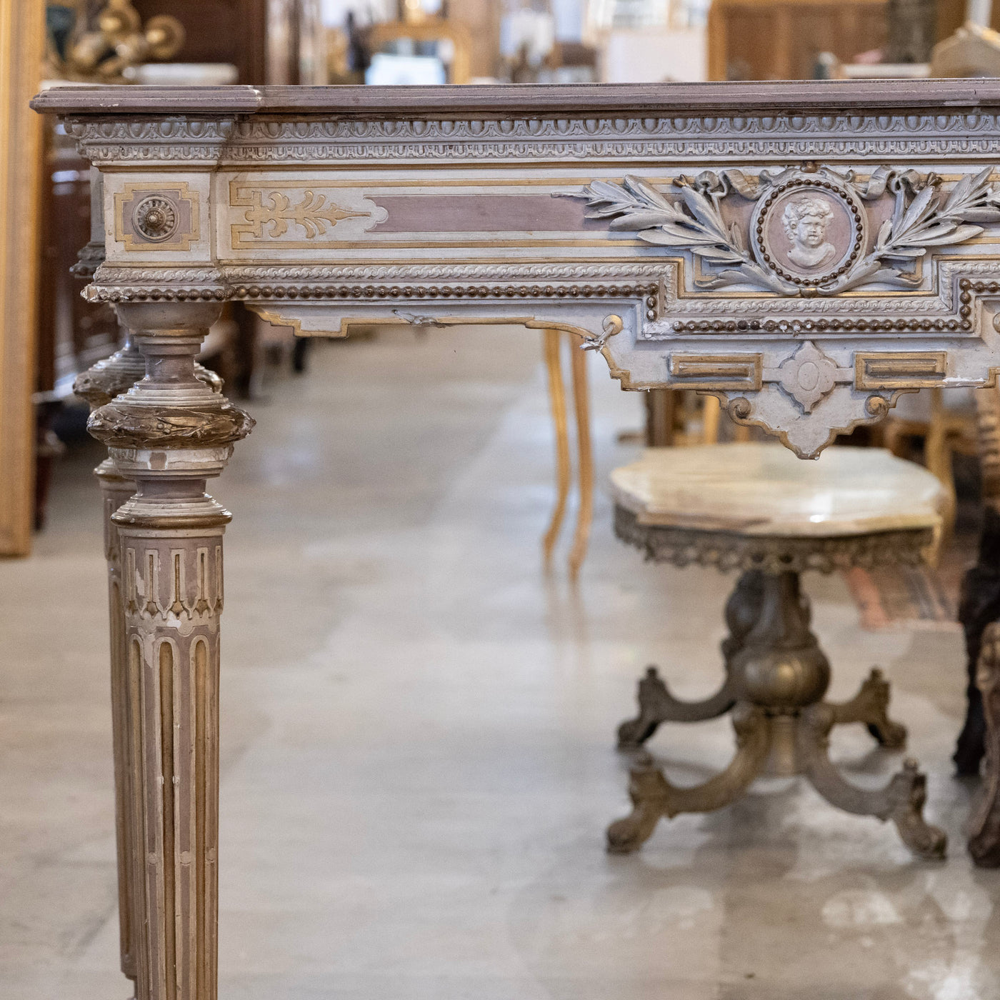 Louis XVI Painted Console Table – Carved & Medallion Details
