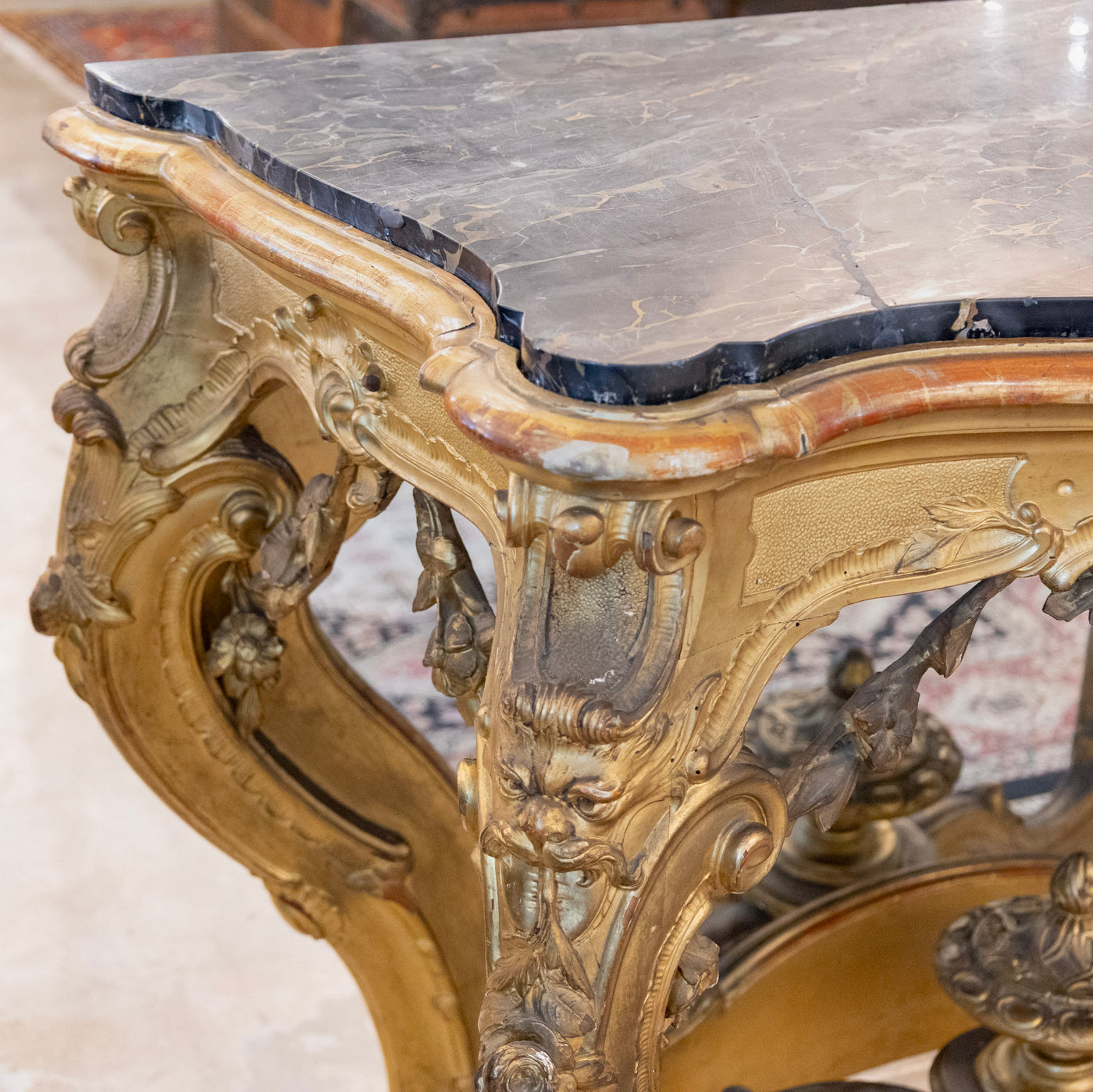 Louis XV Ornate Gilded Console Table – Black Marble Top – Le Chateau