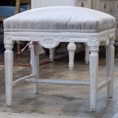 Louis XVI Stool – Carved White Frame & Grey Velvet Seat