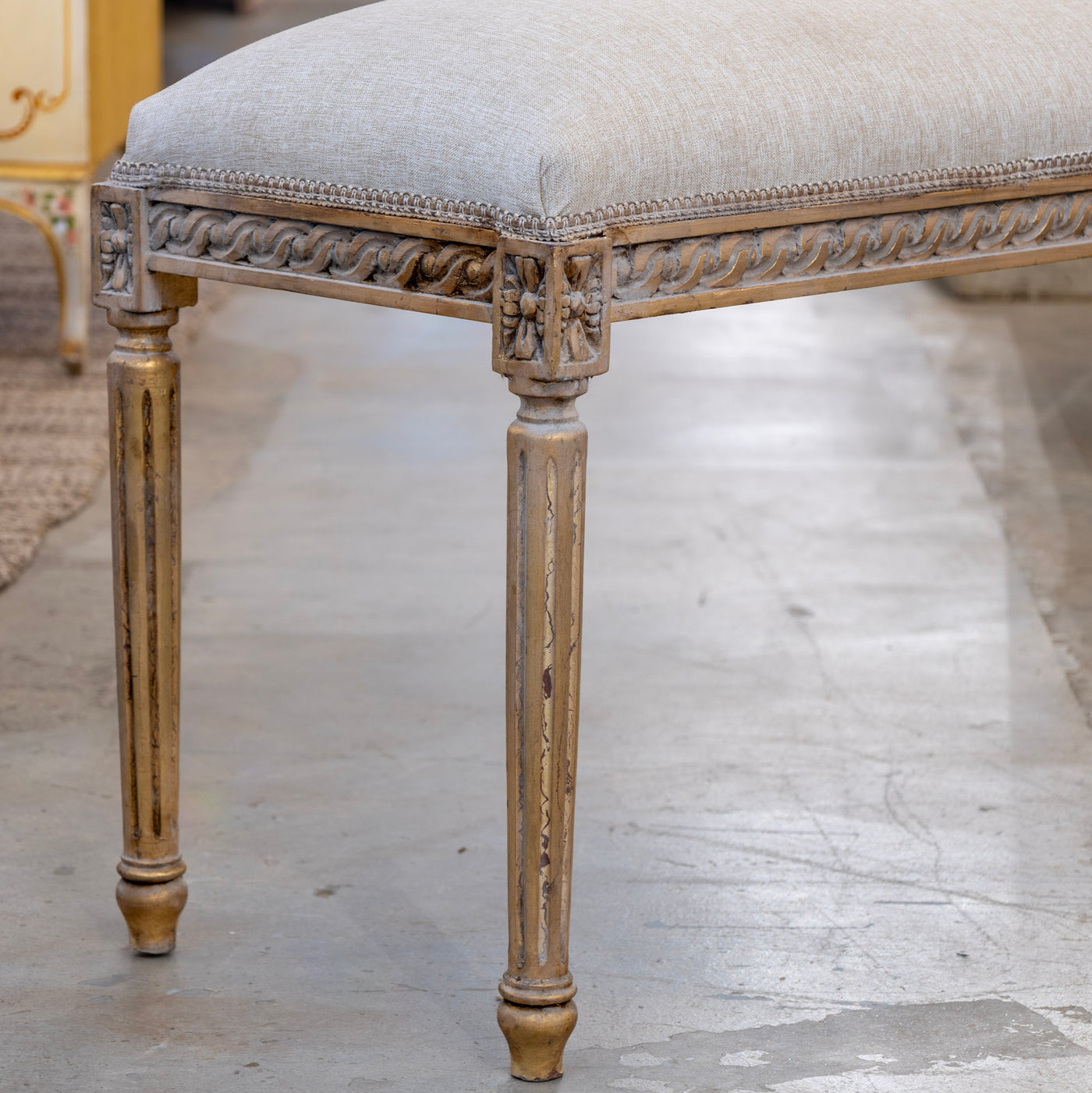 Louis XVI Bench – Carved Gold Trim & Grey Linen Upholstery