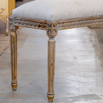 Louis XVI Bench – Carved Gold Trim & Grey Linen Upholstery