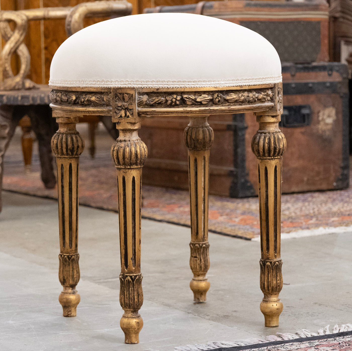 Louis XVI Carved Gold Stool – White Velvet Upholstery & Ballerina Legs