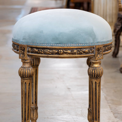 Louis XVI Carved Gold Stool – Baby Blue Velvet Upholstery & Ballerina Legs