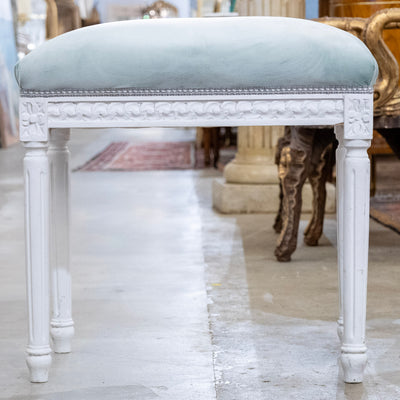 Louis XVI White Carved Stool – Baby Blue Velvet Upholstery
