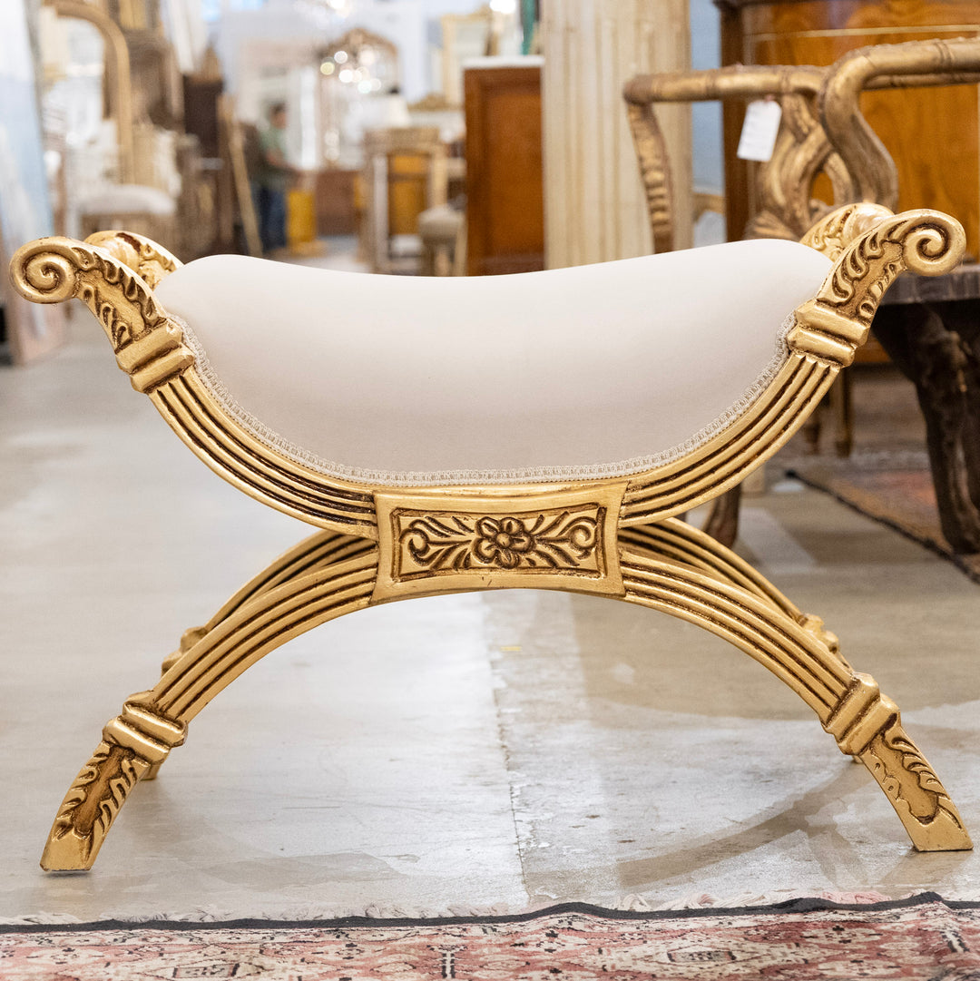 Boudoir Stool – Gold Carved Trim White Velvet Upholstery – Le