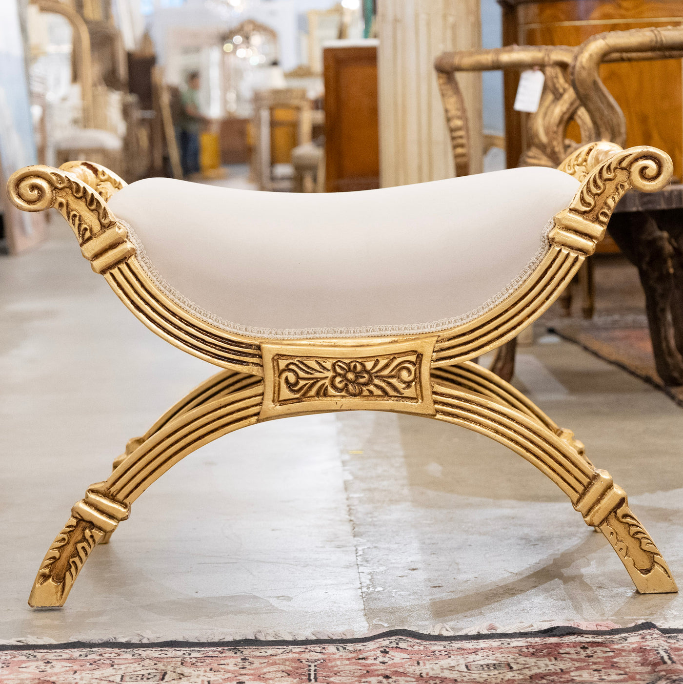 Boudoir Stool – Gold Carved Trim & White Velvet Upholstery