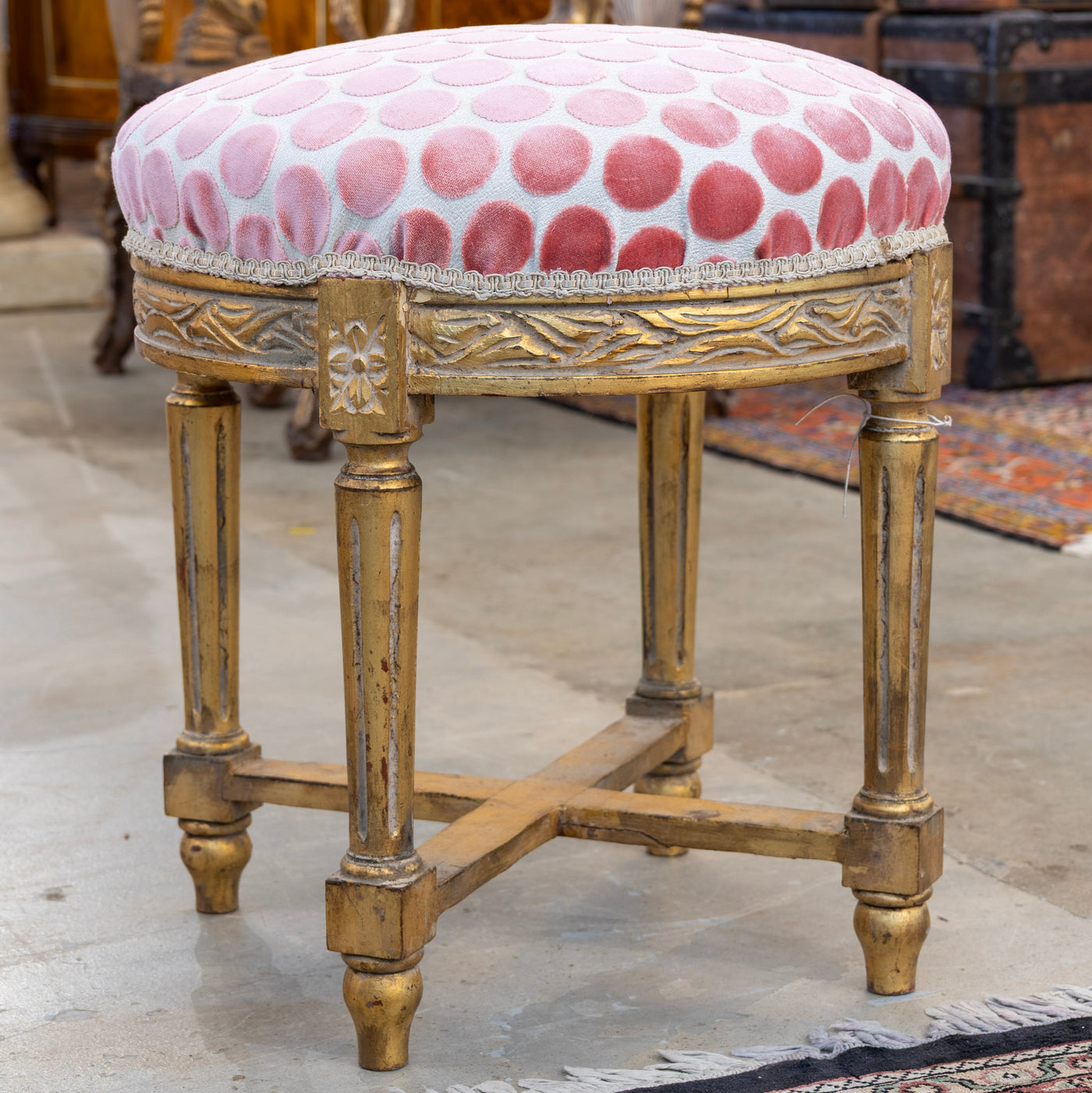 Louis XVI Stool – Gold Floral Detailing & Pink Polka Dot Upholstery
