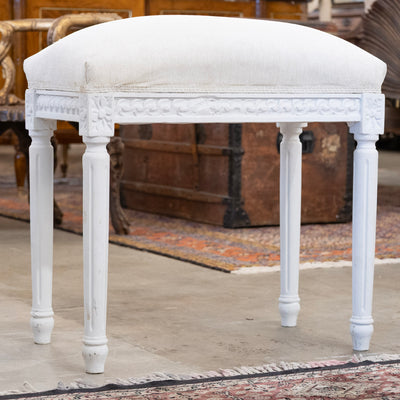 Louis XVI White Stool – Carved Trim & White Linen Upholstery
