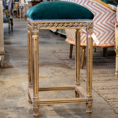 Louis XVI Gold Bar Stool – Carved Trim & Dark Green Velvet Upholstery