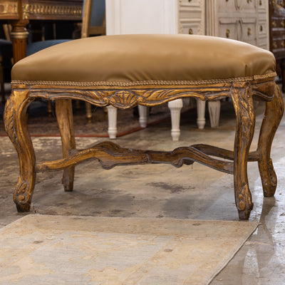 Louis XV Bench – Cabriole Legs & Leather Olive Upholstery