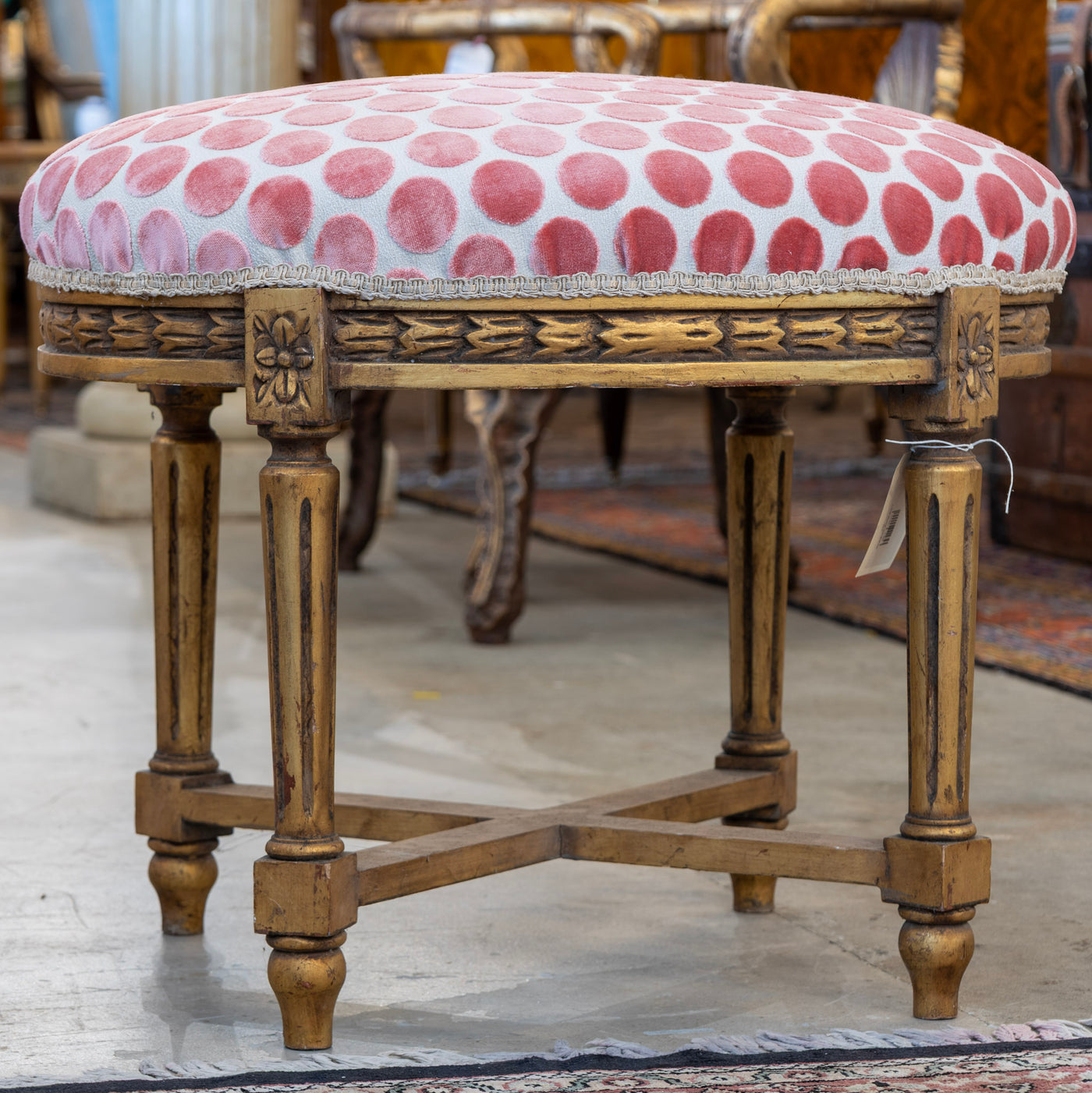 Louis XVI Stool – Gold Trim & Pink Polka Dot Upholstery