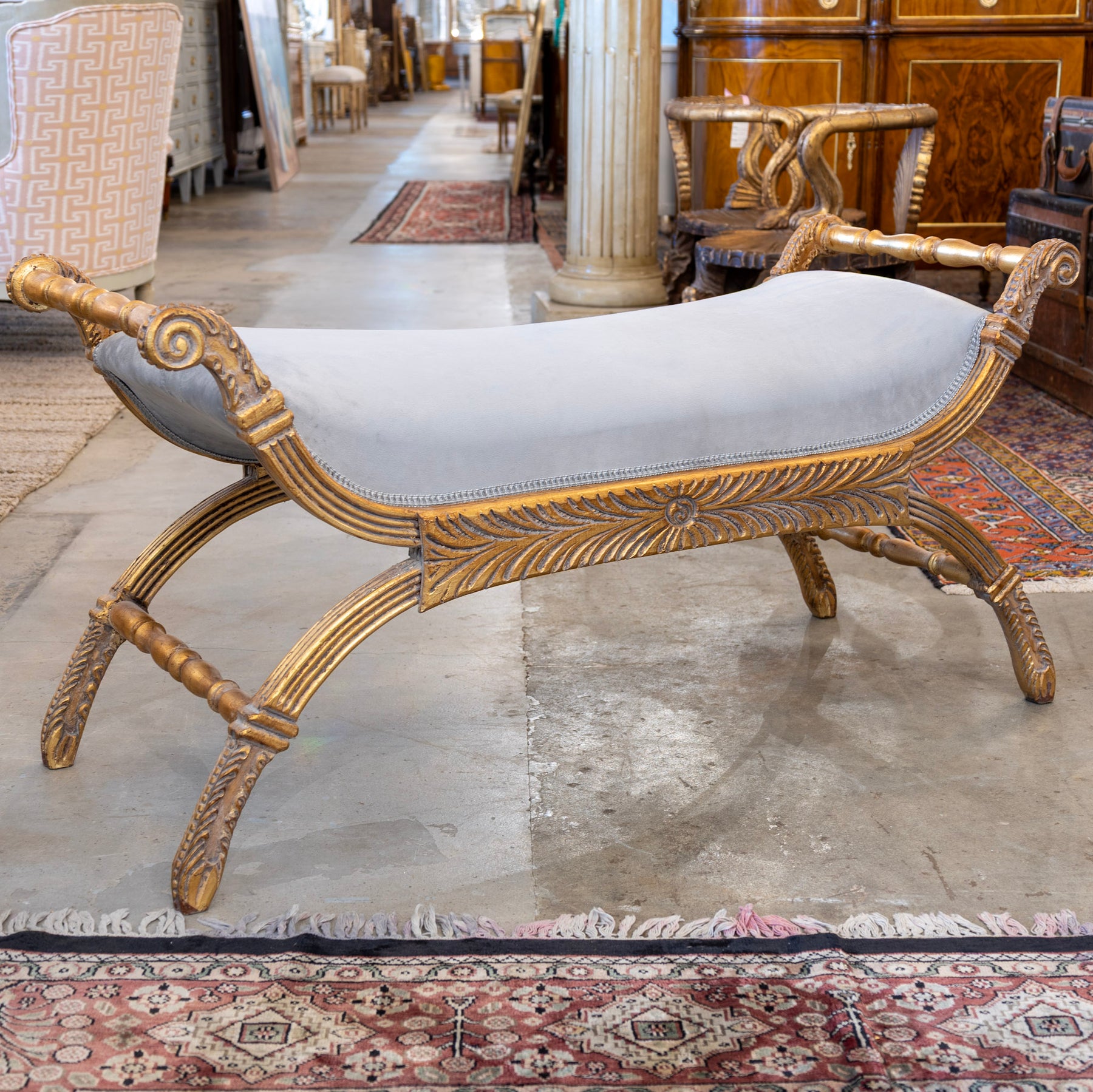 Boudoir Bench – Carved Detailing & Blue Velvet Seat – Le Chateau