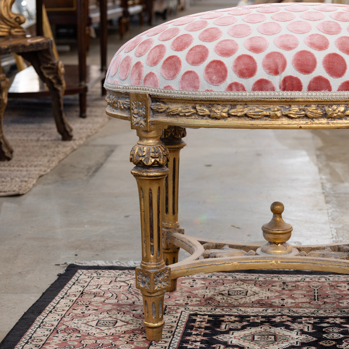 Louis XVI Gold Stool – Pink Polka Dot Velvet
