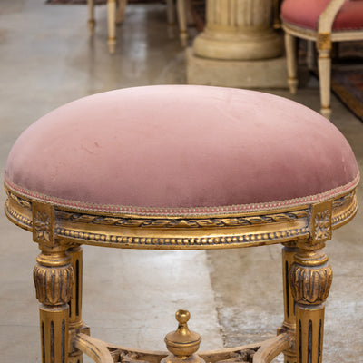 Louis XVI Gilded Round Stool – Pink Velvet Upholstery
