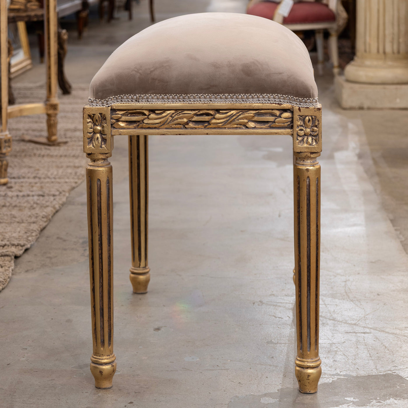 Louis XVI Gilded Stool – Carved with Taupe Velvet Upholstery