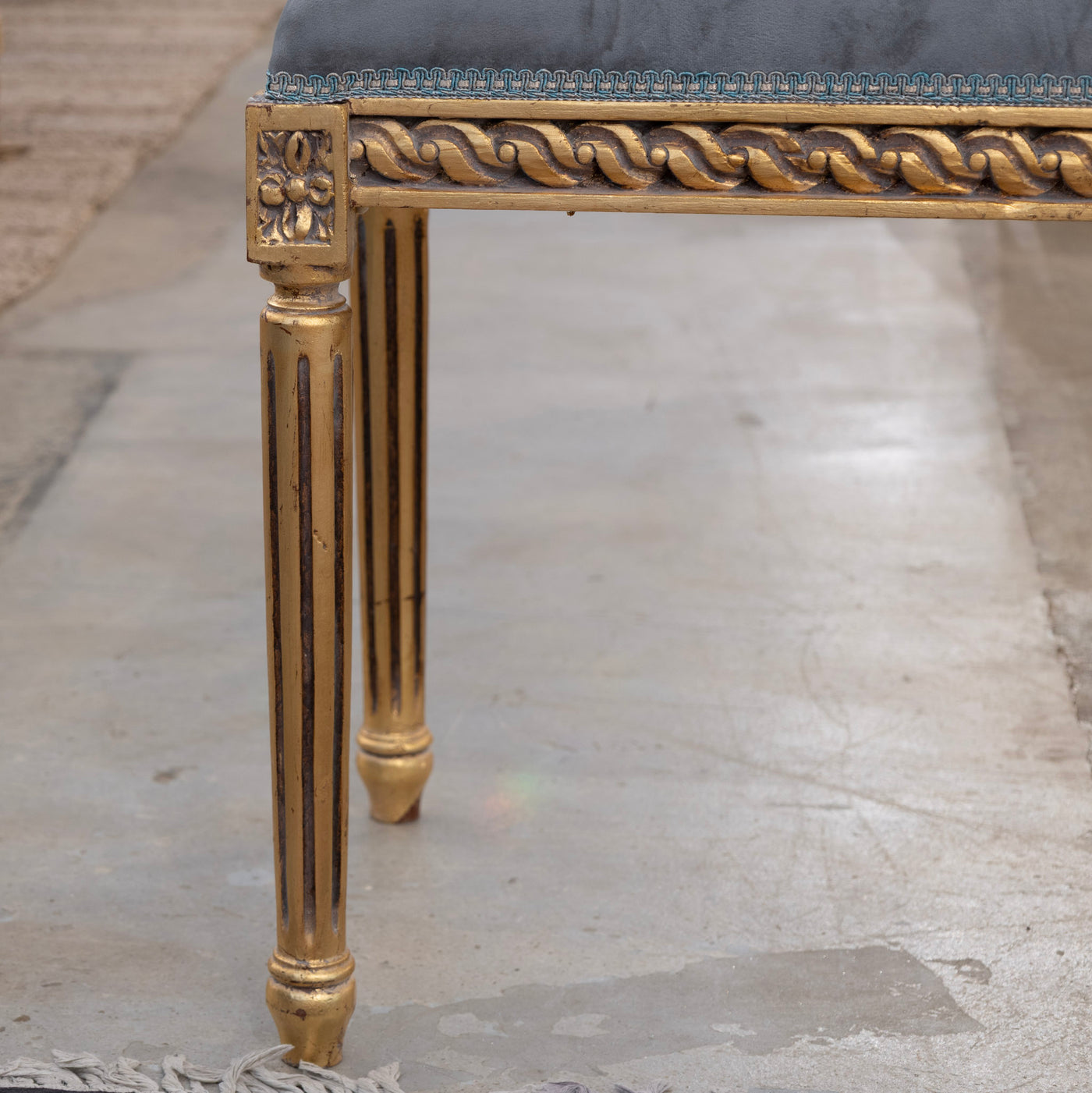 Louis XVI Gilded Stool – Dark Blue Velvet Upholstery