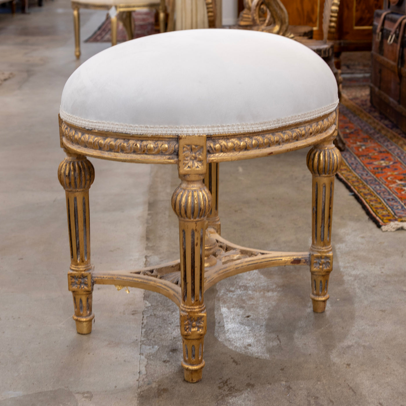 Louis XVI Gilded Round Stool – White Velvet Upholstery