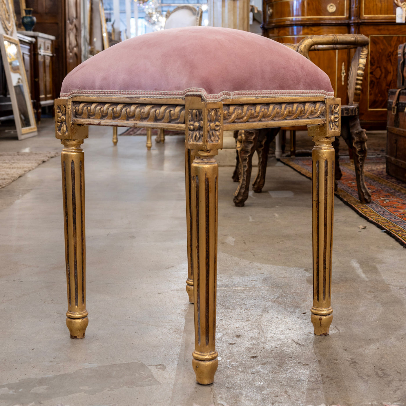 Louis XVI Gilded Square Stool – Pink Velvet Upholstery