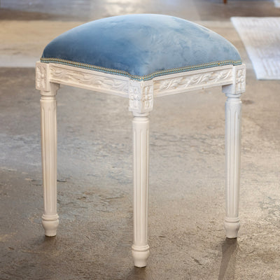 Louis XVI White Stool – Carved Trim & Baby Blue Velvet Seat