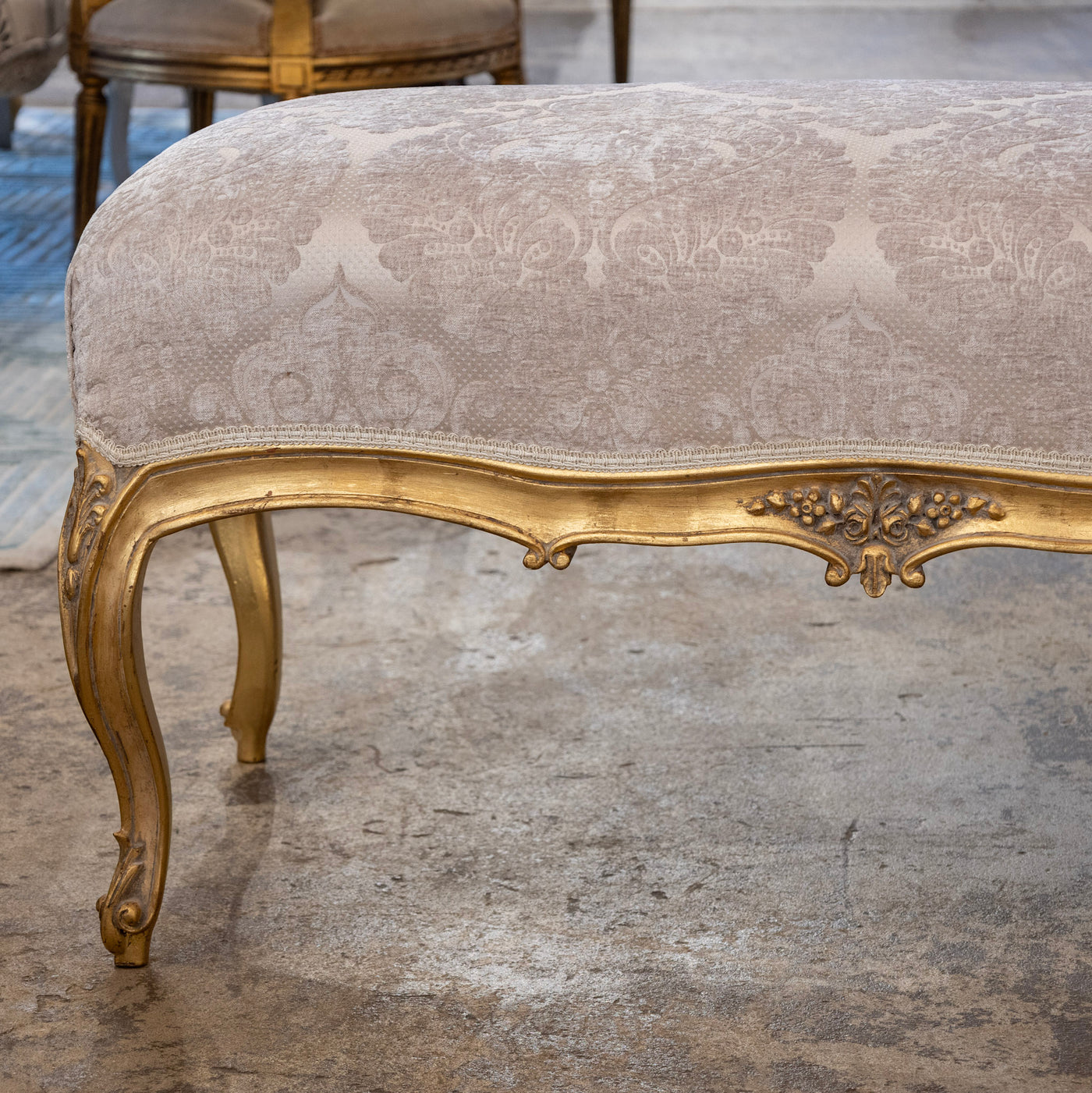 Louis XV Gilded Bench – Taupe Damask Upholstery