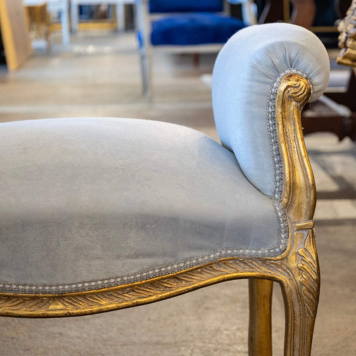 Louis XV Vanity Bench – Gilded Frame & Pale Blue Velvet Upholstery