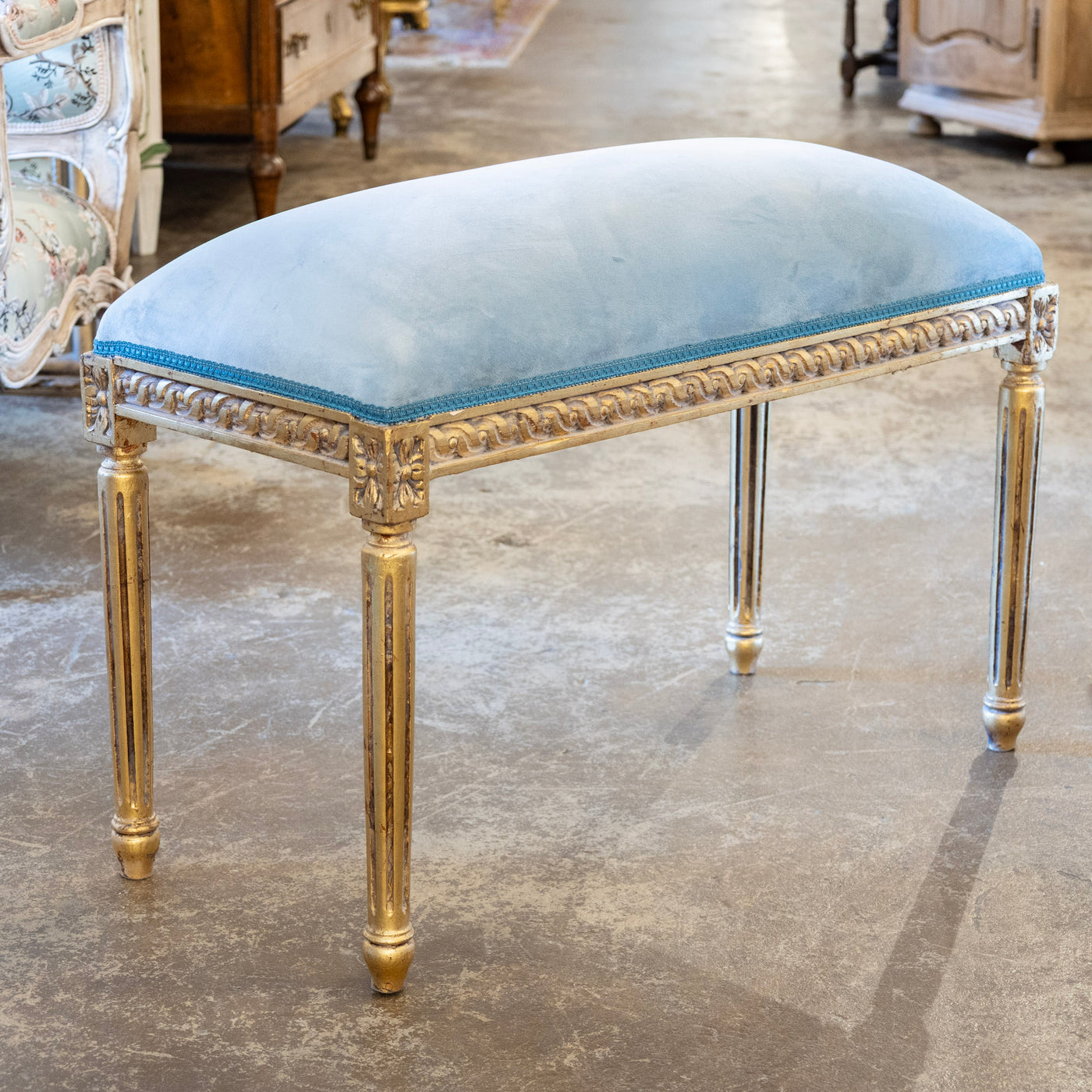 Louis XVI Gilded Bench – Blue Velvet Upholstery