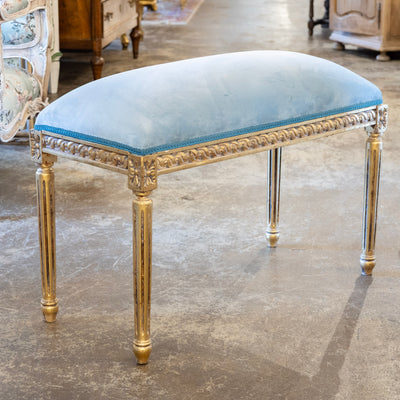 Louis XVI Gilded Bench – Blue Velvet Upholstery