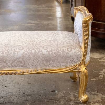 Louis XV Gilded Curule Bench – Floral Carvings & Beige Damask Upholstery