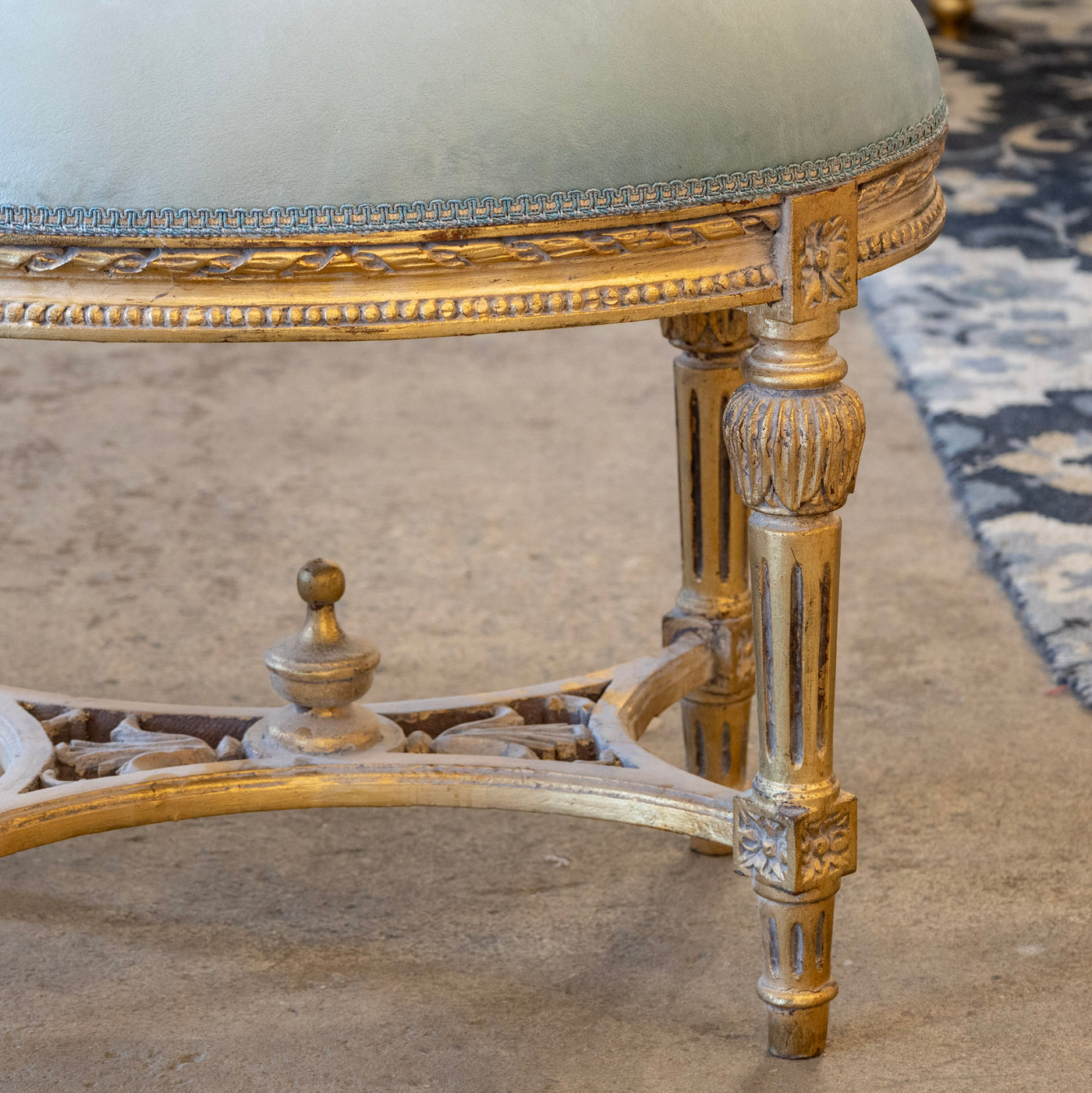 Louis XVI Gilded Oval Stool – Light Blue Velvet Seat