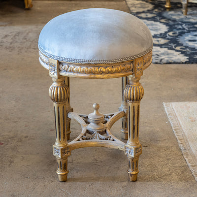 Louis XVI Gilded Round Stool – Muted Blue Velvet Seat