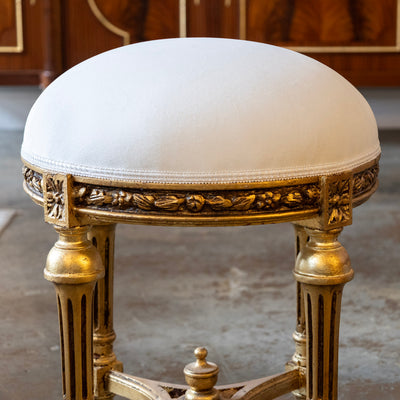 Louis XVI Gilded Round Stool – White Velvet Upholstery