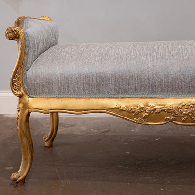 Louis XV Gilded Bench – Carved & Blue Silk Weave Upholstery
