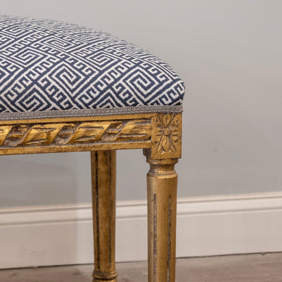 Louis XVI Gilded Bench – Blue & White Greek Key Linen Upholstery