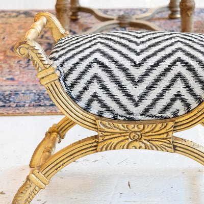 Gilded Boudoir Stool – Black and White Linen Chevron Upholstery