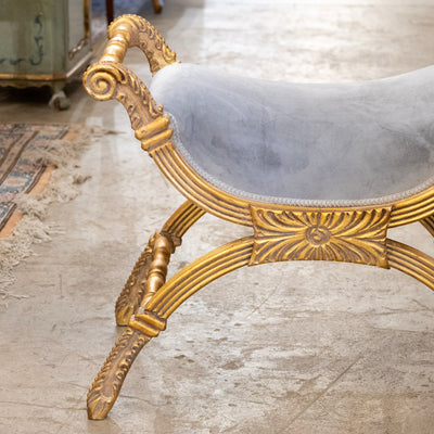Gilded Boudoir Stool – Muted Blue Velvet Upholstery