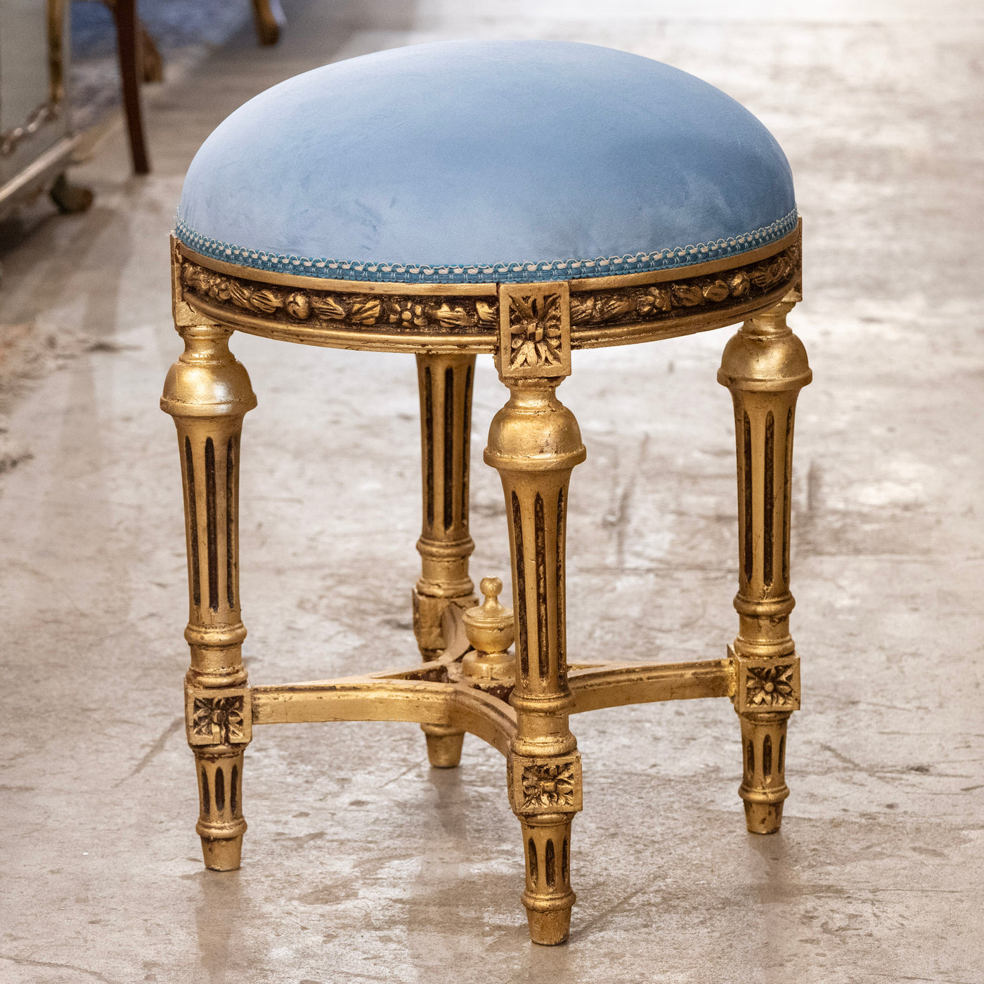 Louis XVI Round Gilded Stool – Powder Blue Velvet Upholstery