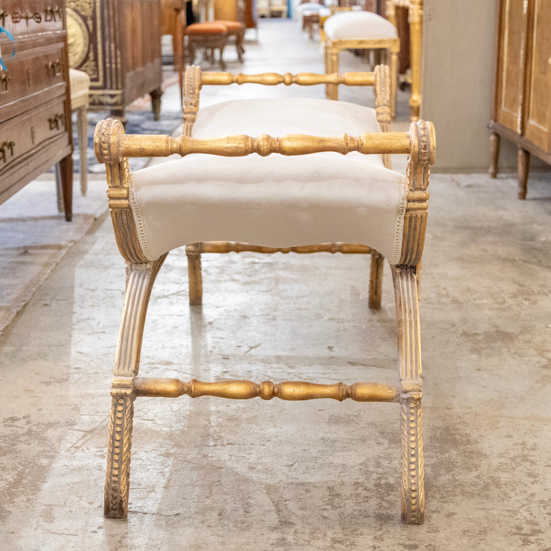 Boudoir Bench – Gilded Carvings & White Velvet Upholstery – Le Chateau