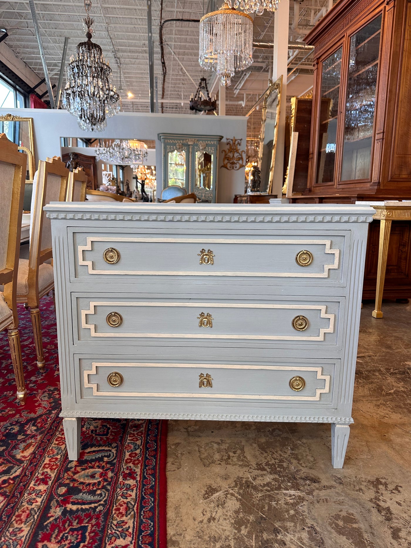 Swedish Chest with Dentil Molding in Blue & White