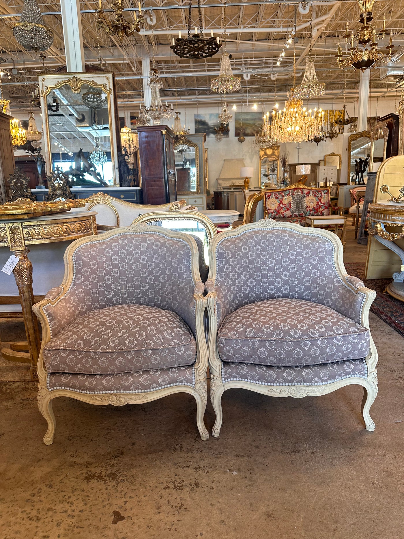 Pair of Sunburst Purple Pattern Louis XV Chairs