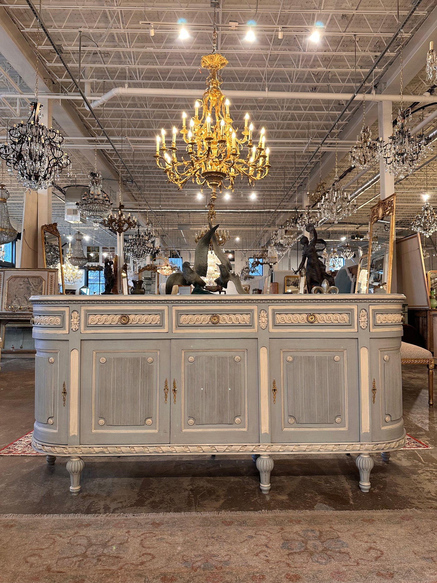 Antique Swedish Demilune Sideboard in French Blue & White | Le Chateau | European Luxury Furniture in Atlanta