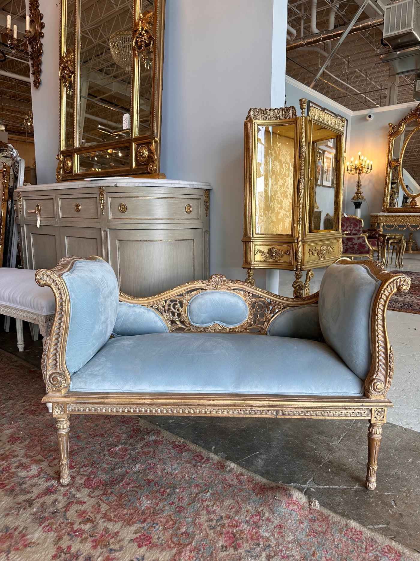 Louis XVI Baby Blue Velvet Settee