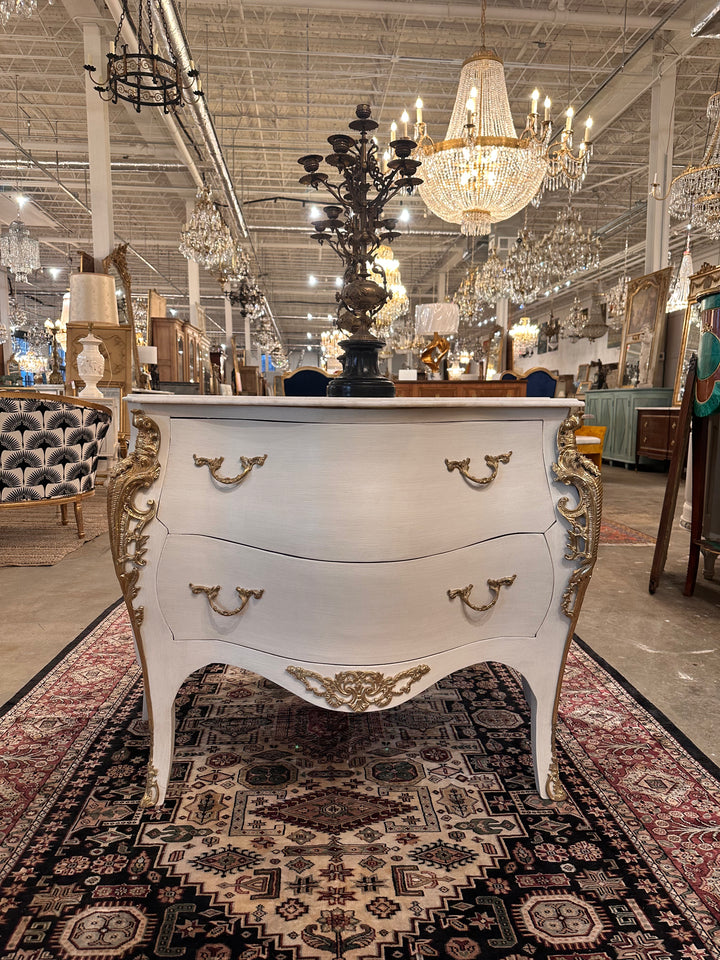 Antique French Marble Top White Bombay Chest Le Chateau