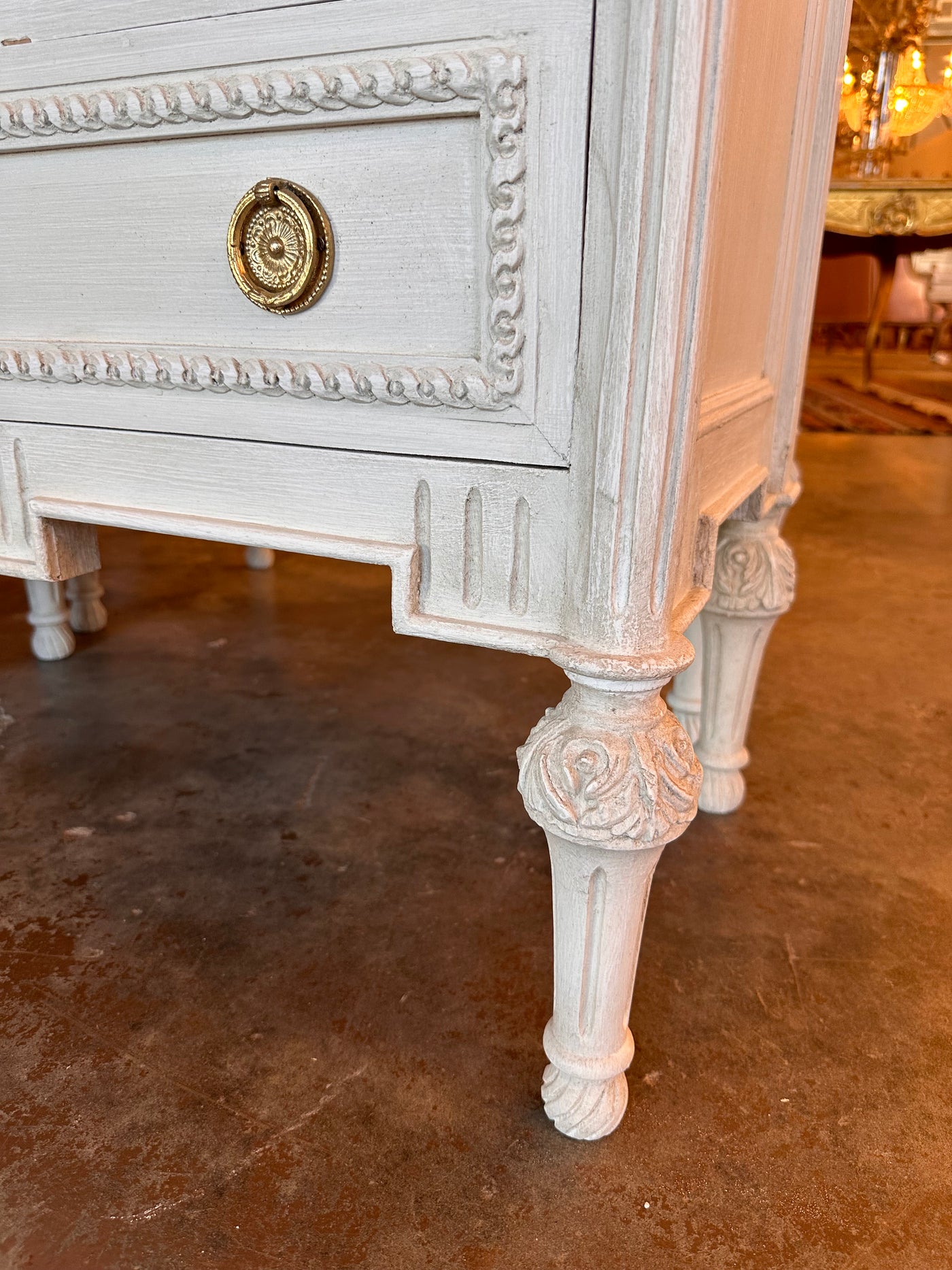 White Swedish Chest with Flower Detail | Le Chateau | European Luxury Furniture in Atlanta