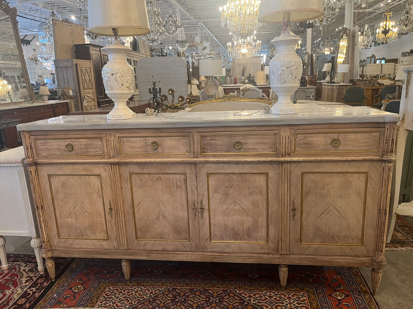 Louis XVI Natural Burl Wood Sideboard with Marble Top