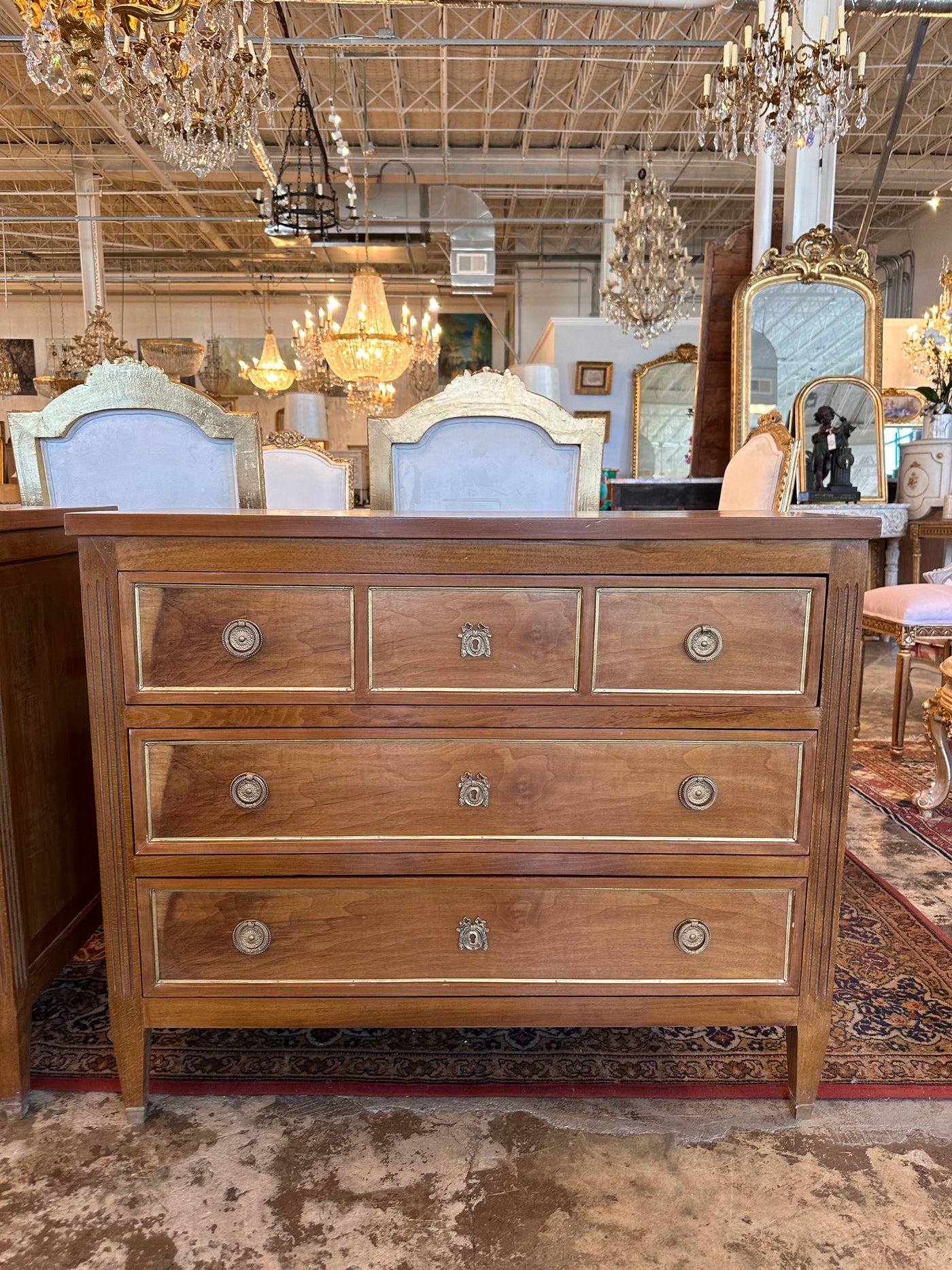 Antique Burl Wood Chest with Escutcheon Brass Detail | Le Chateau | European Luxury Furniture in Atlanta