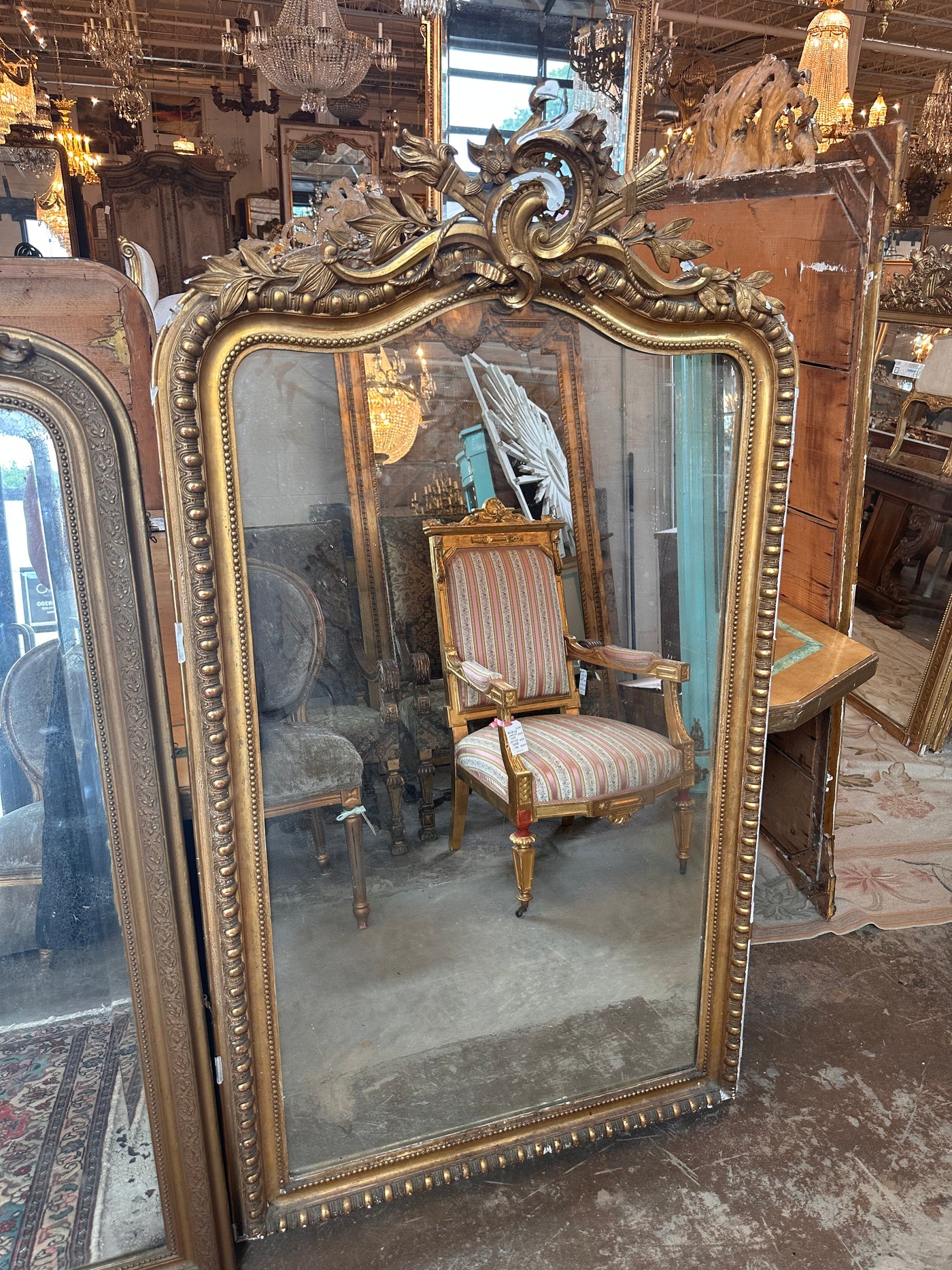 18th Century French Mirror with Leaf & Beaded Carving