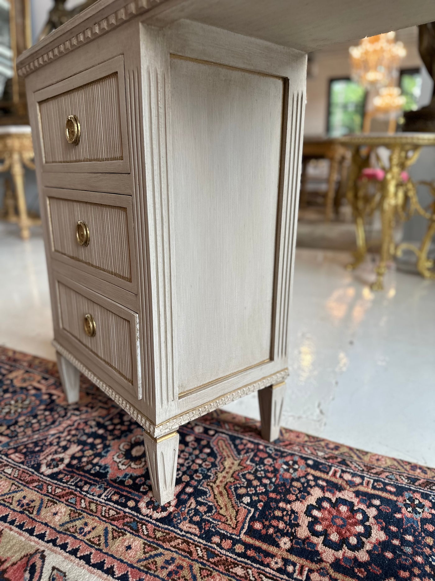 Antique Swedish Makeup Vanity Desk in Soft Gray | Le Chateau | European Luxury Furniture in Atlanta