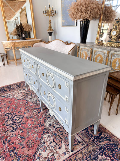 Swedish 4 Drawer Dresser in Soft Blue and White Trim