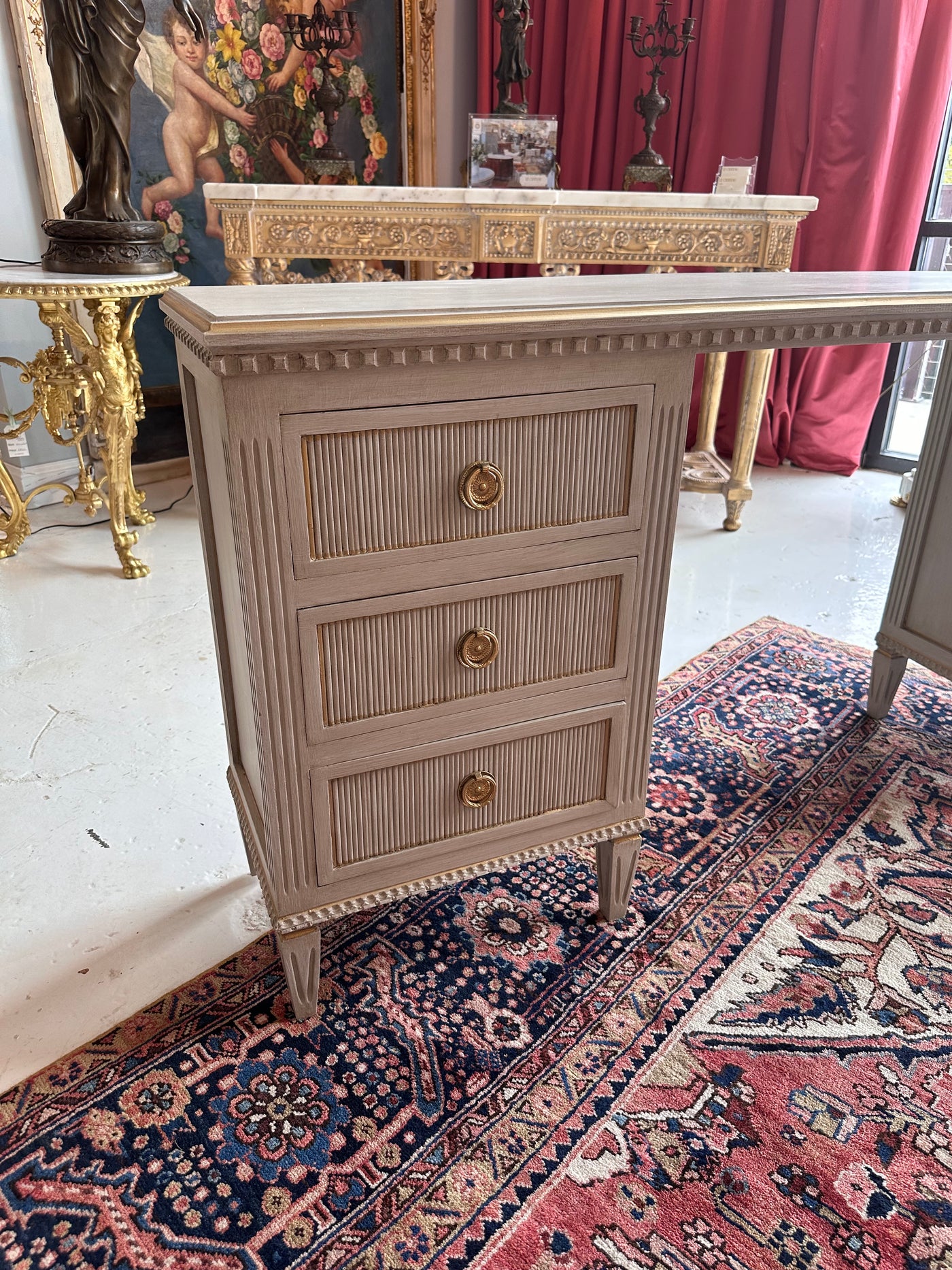 Antique Swedish Makeup Vanity Desk in Soft Gray | Le Chateau | European Luxury Furniture in Atlanta